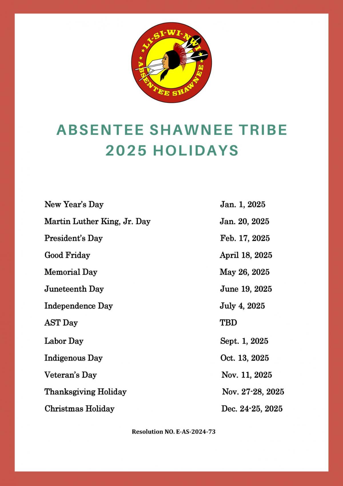 2025 Holidays Absentee Shawnee Tribe